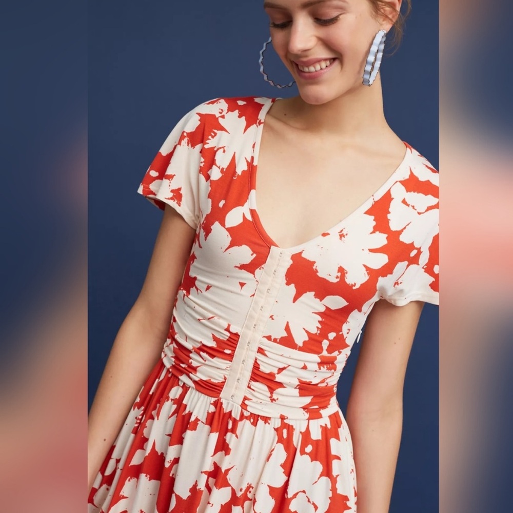 Maeve Red / Orange and White Midi Sundress Warhol-Like Flower Print Soft Fabric